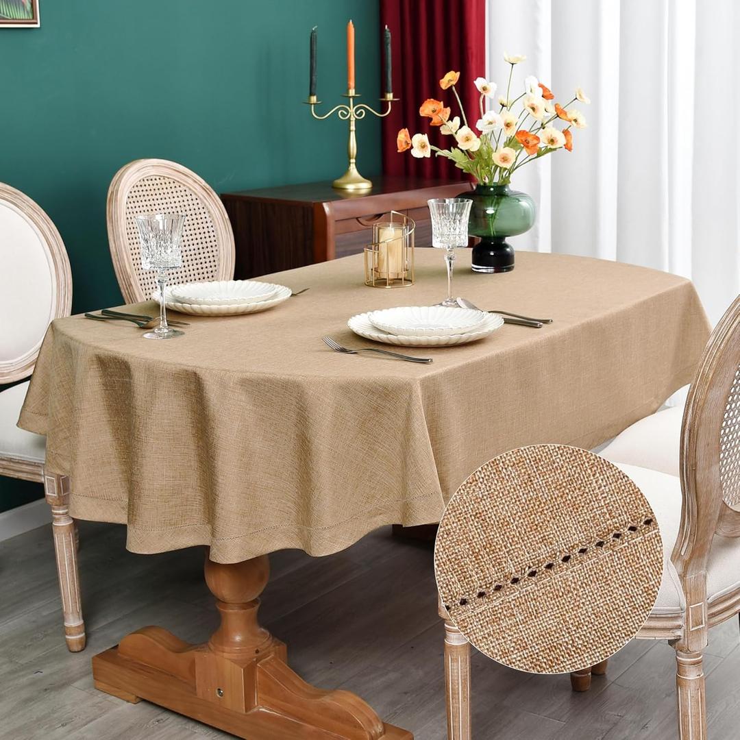 NEWISHER Farmhouse Oval Hemstitch Border Tablecloth Neutral Faux Linen Table Cloth Rustic Solid Flaxen Table Cover for Dining Kitchen Party Holiday Home 60x84 Inch