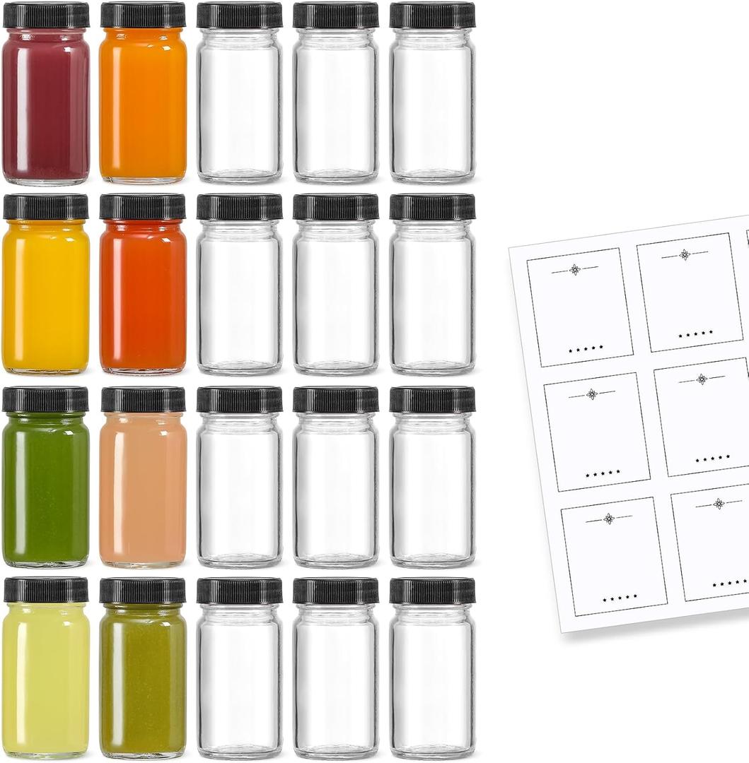 20 PACK 2 oz Glass Shot Bottles w/ Black Lids & 20 Labels - Small Clear Jar for Ginger, Wellness Shot, Juice, Sample, Whiskey - Travel Essentials Mini Bottles - Wide Mouth, Leakproof, Dishwasher Safe
