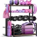Gym Home Equipment Weight Rack 3Tier Workout Storage Stand for Dumbbells & Kettlebells, Medicine Ball Holder, Steel Organizer with Side Basket, Hooks