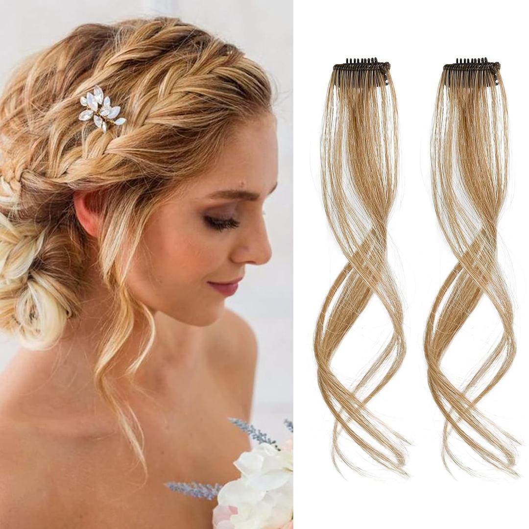 REECHO Long Side Air Bangs, Wavy Curly Clip in Bangs Front Side Bangs for Women Daily Use 2 PCS Set Long Temples-Golden Blonde with Highlights