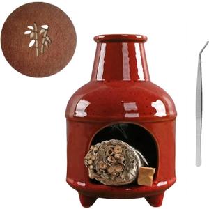 Handmade Red Ceramic Palo Santo Holder Burner & Sage Holder - Mini Tabletop Chiminea Burner Tray with Ash Catcher, Decorative Incense Holder for Spiritual Meditation & Yoga