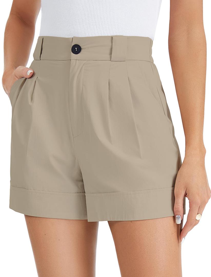LUXEBOLD Womens Dress Shorts for Women Casual Elastic Waist Wide Leg Tailored Shorts Pleated Dressy Work Shorts with Pockets Apricot L (Beige, L)