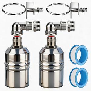 1/2 304 Stainless Steel Automatic Water Level Control Float Valve for Water Tank, Cattle Trough, Pools, Livestock (With Elbow, Metal Clip, 1/2" to 3/4" adapter) (2-Pack)
