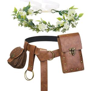 YESSA Renaissance Accessories,Medieval Viking Leather Belt Pouch Coin Phone Purse,Ren Faire Headpiece Halloween Cosplay Set