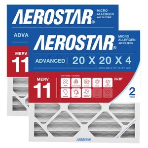 Aerostar 20x20x4 MERV 11 Pleated Air Filter, 2 Pack Set of HVAC Furnace Filters, Electrostatic MPR 1000-1200 & FPR 7, Made in USA