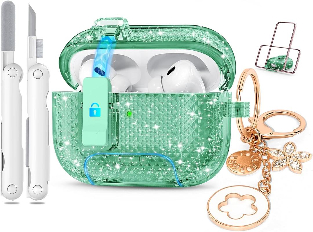 for Airpods Pro 2nd/1st Generation Case Shining Green with Lock&Bling Keychain for Women&Girly,Cute Soft TPU Clear Cases Cove for Airpods Pro 2 Case with Cleaning Kit,Phone Holder Function