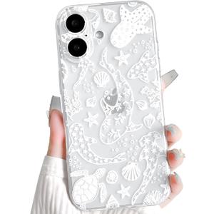 NITITOP Compatible with iPhone 16 Plus Case Clear Cute Shell Whale Sea Ocean Animal Pattern for Women Girls Full Camera Lens Slim Shockproof Protective Phone Cover - White Turtle