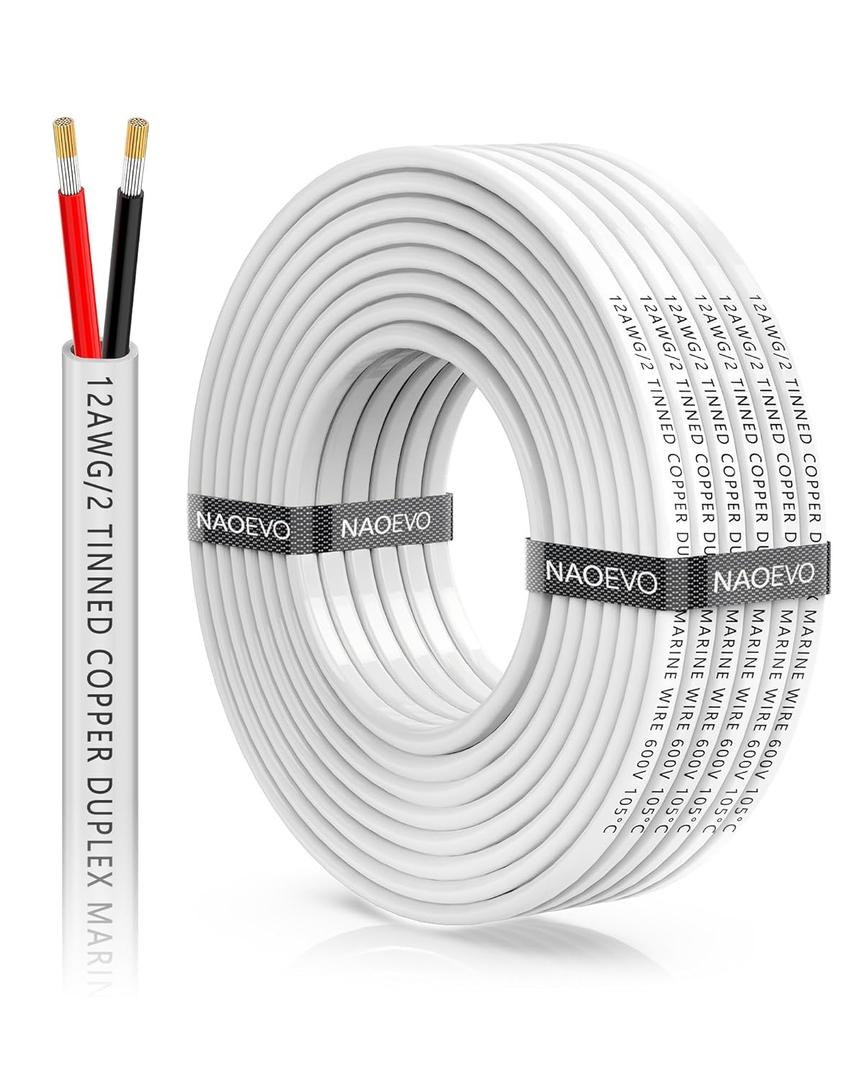 NAOEVO 12 Gauge Marine Wire Duplex, 12 AWG Stranded PVC Marine Electrical Wire, Waterproof/Corrosion Resistant/Tinned Copper Electrical Cable for Boat/Automotive/RV/Solar (30FT)