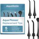 AquaSonic Genuine Aqua Flosser Replacement Tips - 5 Tips, 4 Types: Standard, Periodontal, Orthodontic & Tongue Scraper - Authentic Parts (Black)