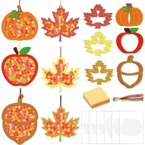 Zliisang 24PCS Make You Own Fall Crafts Kit Bulk Maple Leaves Pumpkin Apple Acorn Paper Suncatchers DIY Kit for Autumn Thanksgiving Activities Decorations Window Stained Glass Effect Art Supplies