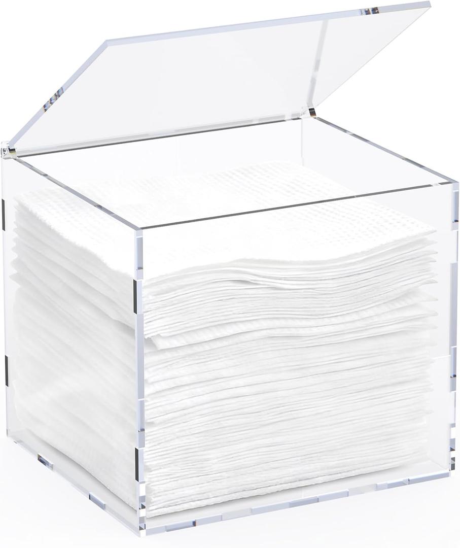 Facial Towel Holder, Large Clear Acrylic Dispenser Box with Cover fit for XL Disposable Face Towels (50+ Countnot Include), Easy Assemble Bathroom Countertop Organizer for Towelettes & Wipes