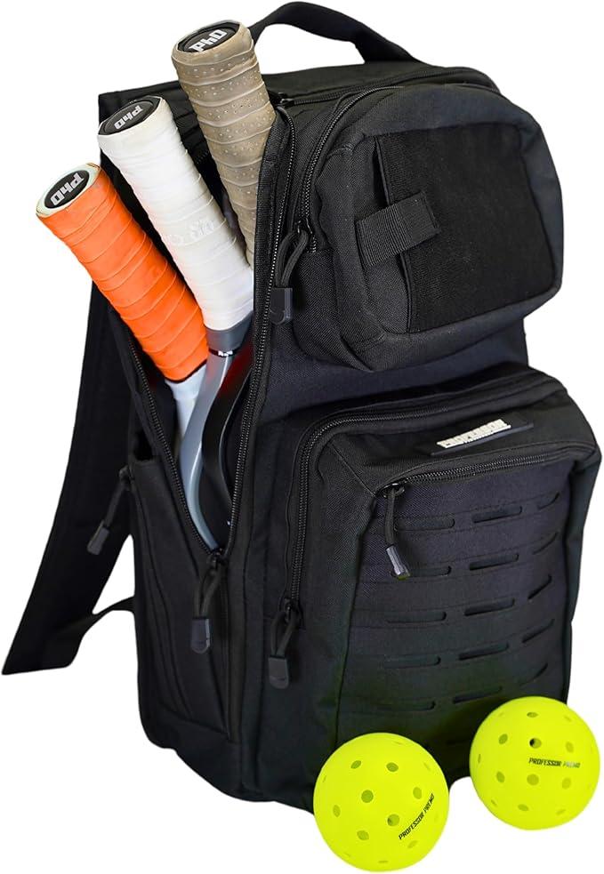 Professor Pickleball CourtCommander Backpack - Small and Efficient Pickleball Bag - Holds 4 Paddles, 6 Balls and Cup Holder - Tactical Style Lightweight Pickleball Backpack