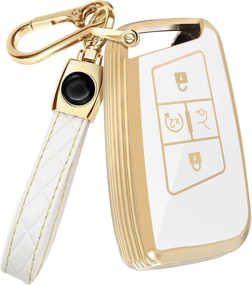 Lucrum Compatible with VW Key Fob Cover & Leather Keychain, Keyfob Case for Arteon Atlas Jetta Taos Golf Tiguan Passat (White)