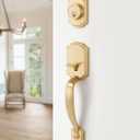 1 Pack Gold Front Door Handle and Deadbolt Set Reversible Brushed Brass Lever Entry Lock Handleset with Key Single Cylinder