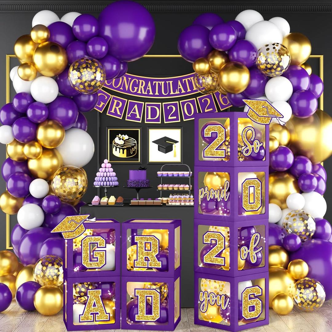 Graduation Decorations Class of 2026, Purple and Gold Graduation Decorations 2026, Purple Boxes Balloon Arch with Letters So Proud of You Grad 2026 for Memorable College Graduation Party Supplies, 5 inches x 12 inches x 18 inches