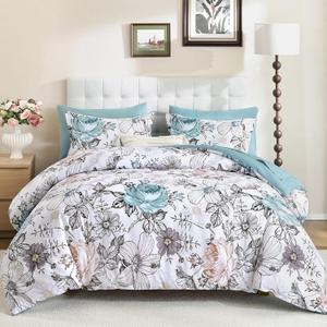 Luxudecor Queen Comforter Set 7 Pieces Bedding Sets,Teal Blue Floral Comforter and Sheet Set,Soft Microfiber Bed in a Bag for All Seasons (Teal Blue,90"x90")