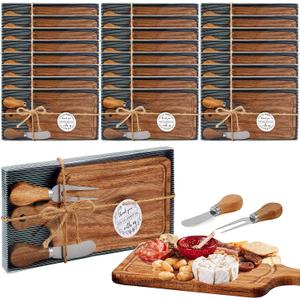 24 Set Bridal Baby Shower Cheese Prizes Wooden Square Board Gift Set Knives Forks Thank You Tags with Box for Guests for Valentines Bridal Baby Shower Housewarming Gifts (Acacia Color)