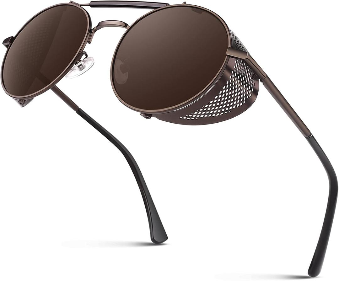 CGID Retro Steampunk Round Polarized Sunglasses Men Womens Metal Side Shield UV400 Protection (Brown Frame / Brown Lens)