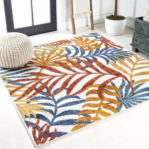 JONATHAN Y Tropics Palm Leaves Indoor Outdoor Square Area Rug 5X5 Cream/Orange, Boho for Backyard, Patio, Porch, Easy-Cleaning, High Traffic, Pet-Friendly, Non-Shedding (AMC100B-5SQ)