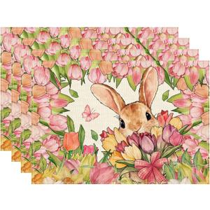 XCHI Bunny Tulips Flowers Rabbits Easter Placemats Set of 4 Table Mats for Party Home Kitchen Dining Table Decorations 12x18 Inch