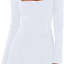 DAAWENXI Women's Casual Square Neck Mini Dress Long Sleeve A line Party Club Short Dress (White, M)
