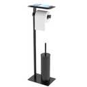 WZKALY Toilet Paper Holder Stand, Free Standing Toilet Paper Holder with Shelf for Bathroom, Stainless Steel Matte Black Toilet Tissue Holder with Brush and Holder Set, Weighted Base