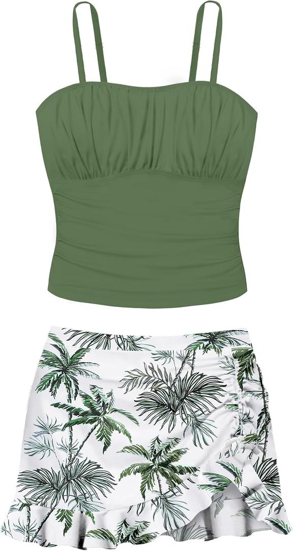 Girls Tankini Swimsuits Two Piece Tropical Print Pleated Bathing Suit with Ruffle Drawstring Skirt Swimwear 9-16T (9-10 Years, Green Palm)
