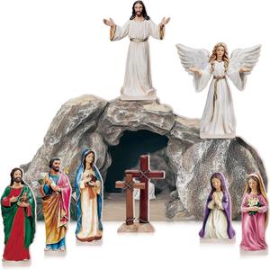 Wesiti 9 Pcs Easter Resurrection Scene Decorations Wooden Cross Empty Tomb Statue Religious Jesus Nativity Scene Spring Christian Easter Table Decorations