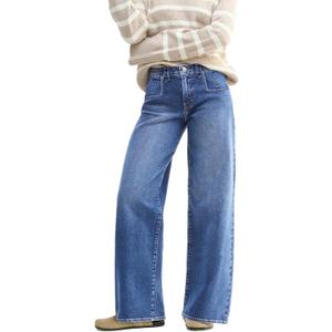 EMMIOL Baggy Straight Leg Jeans Women, Mid-High Rise Denim Pants, Y2K Vintage Distressed Stretchy Loose Fit with Large Pocket，Boyfriend Wide Leg Trousers Casual, Blue