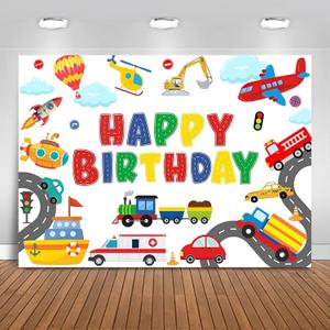 Fitumiw Transportation Birthday Backdrop 7x5ft Plane Train Car Sailboat Vehicle Birthday Party Decorations Background for Boys Traffic Banner Photo Booth Props