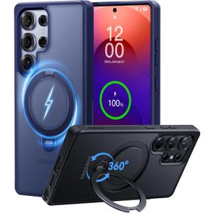 CASEKOO Patented 360 Spin Magnetic Stand for Samsung Galaxy S25 Ultra Case [18FT Military Drop Protection] [Compatible with MagSafe] Matte Translucent Slim S25 Ultra Case 6.9'' 2025, Blue