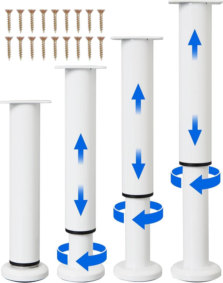 4 PCS Adjustable Height Bed Support Legs [with 18PCS Screws] for Bed Frame/Bed Center Slat, Heavy Duty Furniture Replacement Legs 7.08-12.2 inch for Sofa/Cabinet/Couch/Dresser/Table (White)