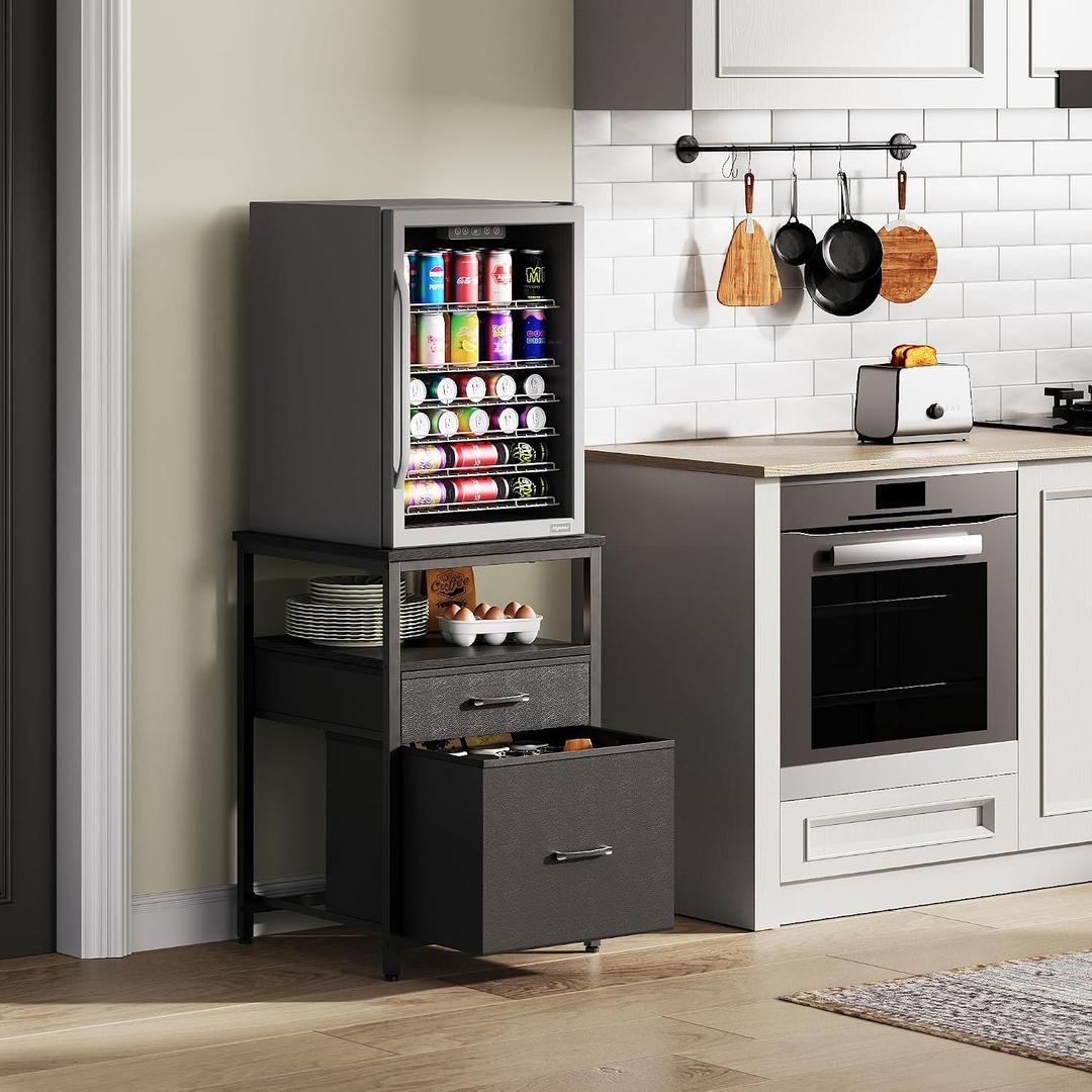 Herture Mini Fridge Stand with 3 Storage, Mini Fridge Cabinet, Beverage Fridge Table, Heavy Duty 18.11" L* 18.11" W Tabletop, for Dorm, Apartment,Office, Bedroom Black HB03BXB