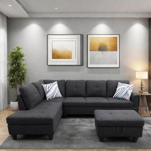 FONTOI L Shaped Sectional Couches, Modern Modular Sectional Sofa for Living Room Bedroom Furniture, Comfy 4 Seat Couch with Ottoman Storage & Chaise, Black Gray
