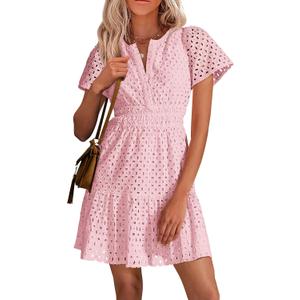 PRETTYGARDEN Womens 2026 Summer Short Dress V Neck Short Sleeve A Line Hollow Out Lace Cute Casual Beach Party Spring Dresses (Pink)