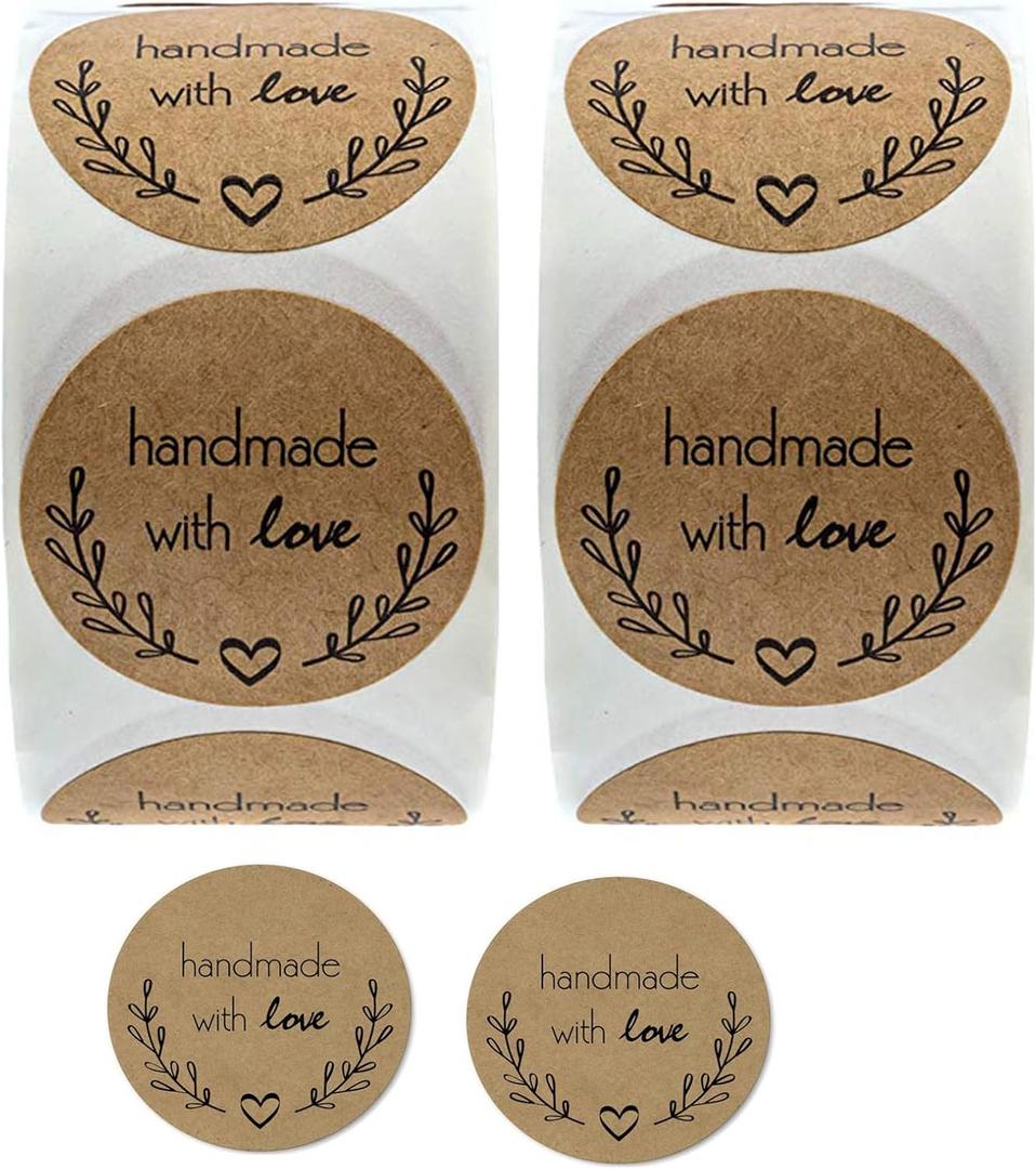 1000PCS Handmade with Love Stickers - 1 Inch Small Round Brown Floral Heart Baking Stickers for Baked Goods Packaging, Envelope Seals, Small Business, Wedding, Birthday Gift Wrap