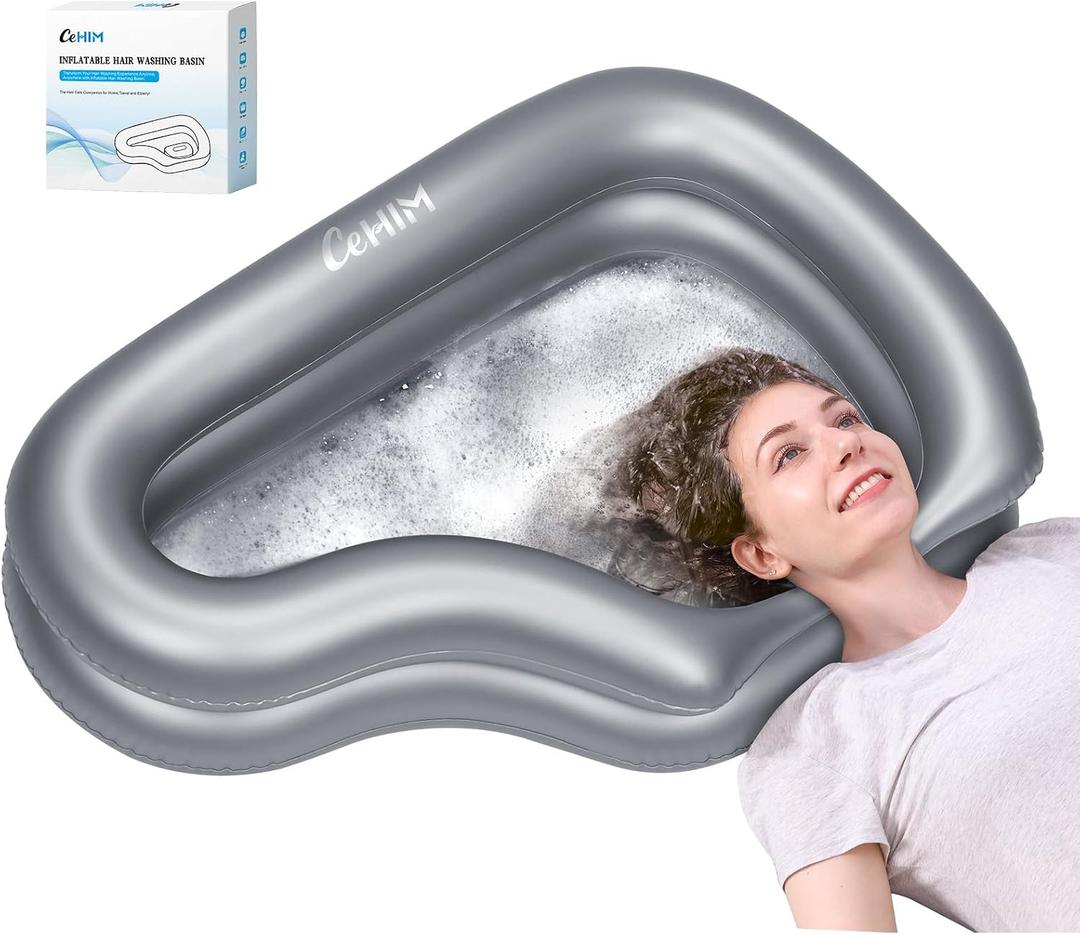 Inflatable Portable Shampoo Bowl, Hair Washing Bowl with Drain Hose & Neck Support, PVC Inflatable Shampoo Bowl for Bedridden Patients, Disabled, Seniors, Kids, Home Care, Large