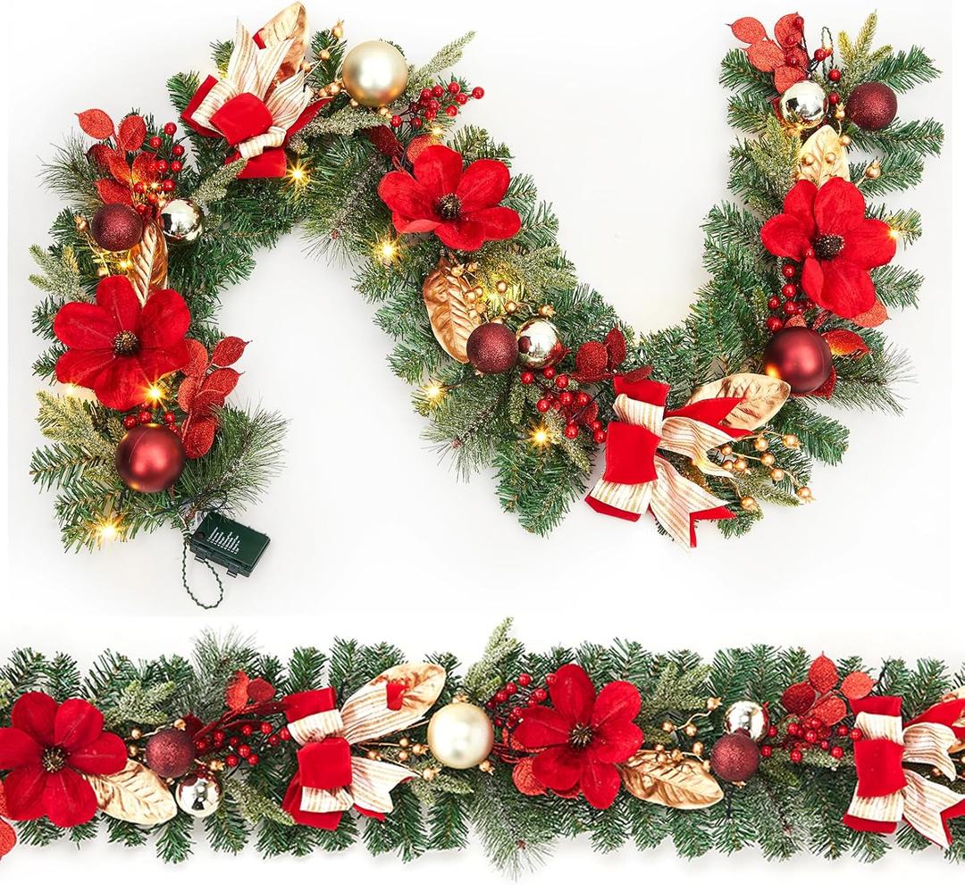 GarveeHome 6 ft Artificial Christmas Wreath for Front Door with LED Lights, Red Balls & Flowers, Pine Needles Decoration for Home Office Wall Window Fireplace Winter Holidays