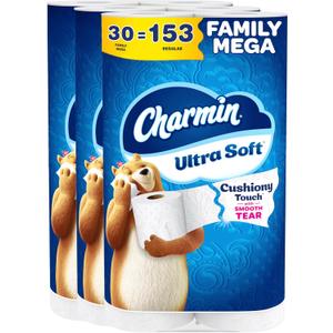 Charmin Ultra Soft Cushiony Touch Toilet Paper, 30 Family Mega = 153 Regular Rolls, 2-Ply, White