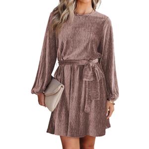 Happy Sailed Women's Vintage Velvet Mini Dresses Fall Fashion Lantern Sleeve Empire Waist Belted A-Line Skater Dresses for Cocktail Party Pink, X-Large
