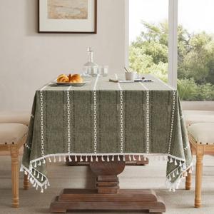 ZeeMart Hemstitched Embroidery Striped Boho Tablecloth 60x104 Inch Olive, Heavy Weight Farmhouse Burlap Linen Green Tablecloth, Wrinkle Resistant Washable Table Cloth for Rectangle Table