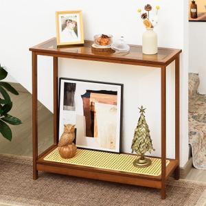Bamboo Narrow Console Table, 31.5"(L) Wood Small Entryway Table with Rattan and Glass, Accent Slim Hallway Tables, Thin Sofa Side Tables for Hallway, Living Room, Bedroom, Foyer, Walnut, 31.5" x 10.24" x 29.72"
