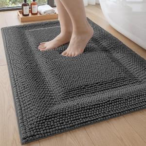 DEXI Bath Mats for Bathroom 20x32, Non Slip Washable Bathroom Rug, Thick Soft Chenille Absorbent Bathmat for Shower Floor, Fluffy Shaggy Carpet for Tub, Grey (1'8" X 2'8" (Rectangular))