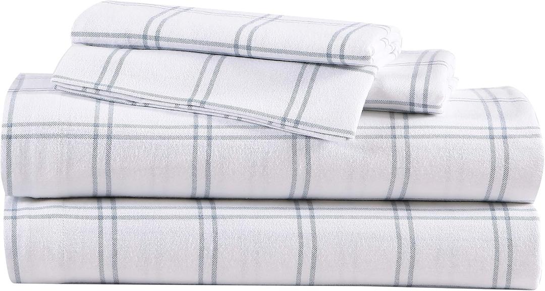 Eddie Bauer - Flannel Sheets Queen Size, Anti-Pilling & Wrinkle Resistant Cotton, Touchably Soft for All-Season Comfort - Bed Sheets with Matching Pillowcases & Fitted Sheet (Westridge Plaid Blue)