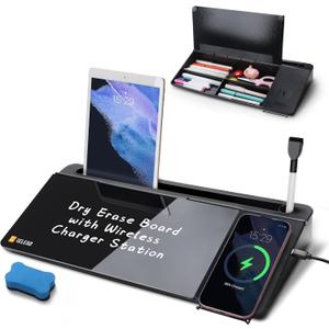 SELEAD Desktop Glass Whiteboard with Wireless Charger Station, Dry Erase Board Computer Pad Keyboard Stand with Organizer for Home, School, Office Desk Accessories, Black