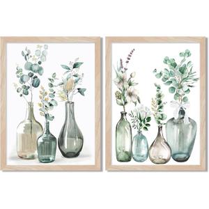 Boho Plant Wall Art Green Botanical 2Pcs Bohemain Framed Wall Printing Neutral Canvas Prints with Eucalyptus Leaf and Glass Bottle Sage Green Wall Decor For Kitchen Dining Room Living Roon Bathroom 16x20IN