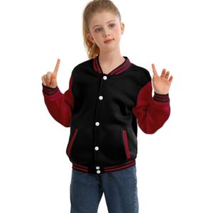 Kids Varsity Jacket Boys Baseball Jacket Sports Outerwear Coat for Girls School Uniform, red-black, size age 10 (Black)