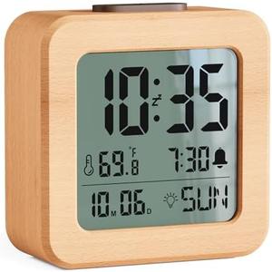 CHEREEKI Battery Operated Clock with Real Wood Case, Loud Alarm, Snooze, Automatic Light Sensor, Temperature, Date and Day of the Week Display (3 AAA Batteries Included)