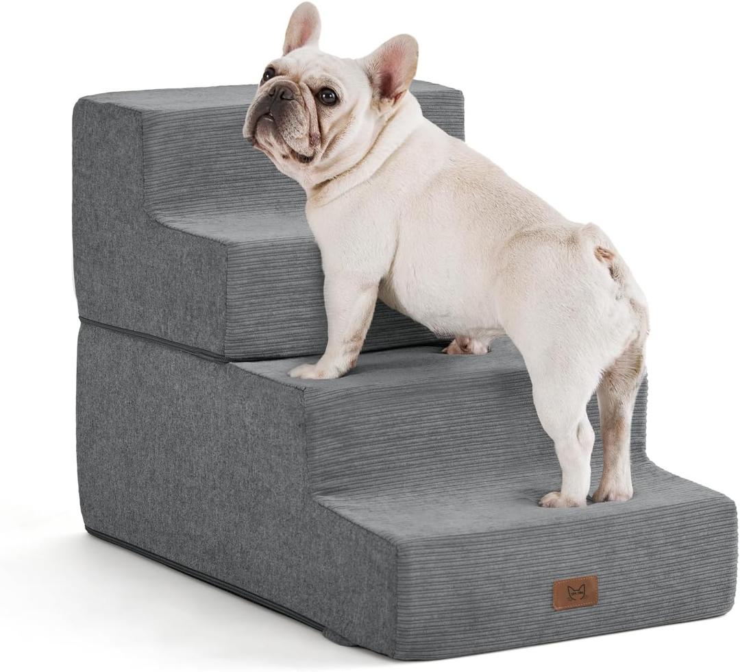 Dog Stairs for Bed, Dog Steps for Bed Couch Sofa, 35D Foam Extra Wide Pet Steps for Small Dogs and Cats, Pet Stairs with Non-Slip Bottom Grey, 4 Steps (28"x16"x18")