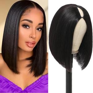 V Part Wig Human Hair Bob Glueless Wigs Human Hair Clip In Upgrade U Part Human Hair Wig with Drawstring Beginner Friendly Natural Black 10inch
